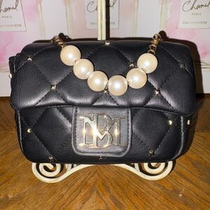 Badgley Mischka Black Quilted Mini Bag with Pearl Detail